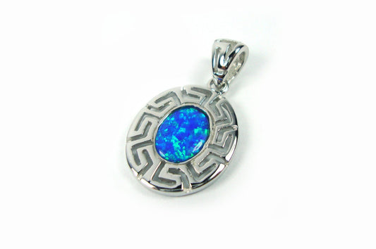 Sterling Silver 925 Pendant featuring an Ancient Greek Eternity Key design, measuring 16 x 20 mm (0.62 x 0.78 inches). The stone is a Man-made Fire Rainbow Opal, marked 925, brand new, and made in Greece.