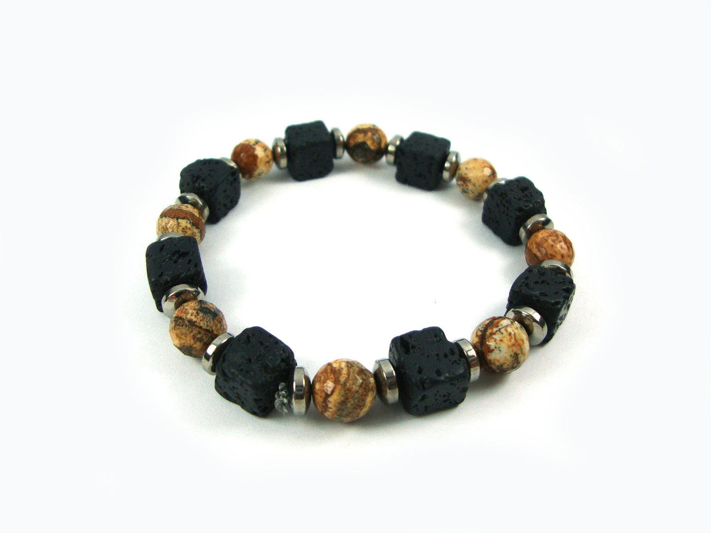 Santorini Natural Black Volcanic Cube Lava Bracelet & Jasper 8x8mm Men Women Unisex Bracelet, Pulsera de lava, Lava volcánica