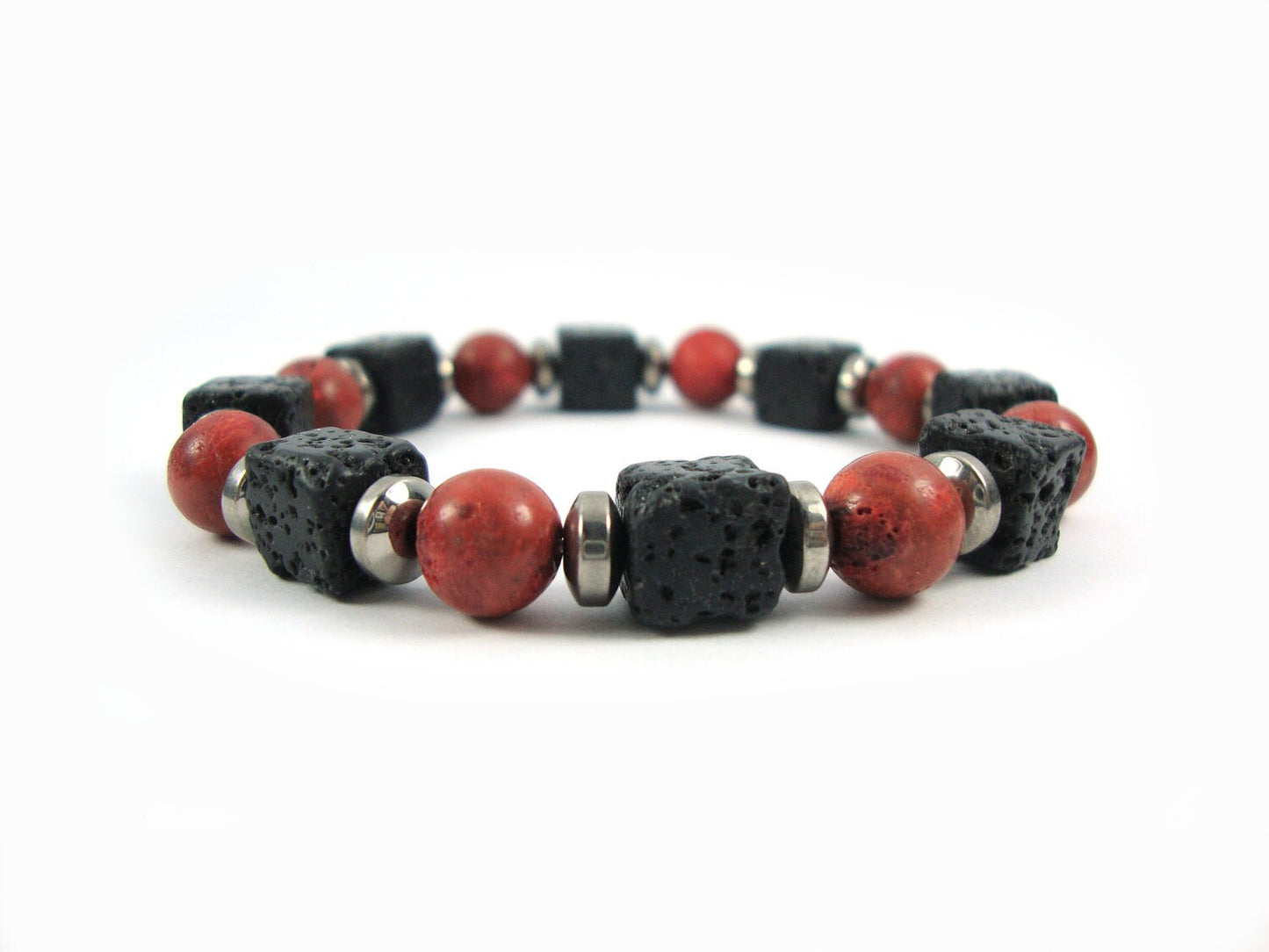 Santorini Natural Black Volcanic Cube Lava & Coral 8x8mm Handmade Men Women Unisex Bracelet