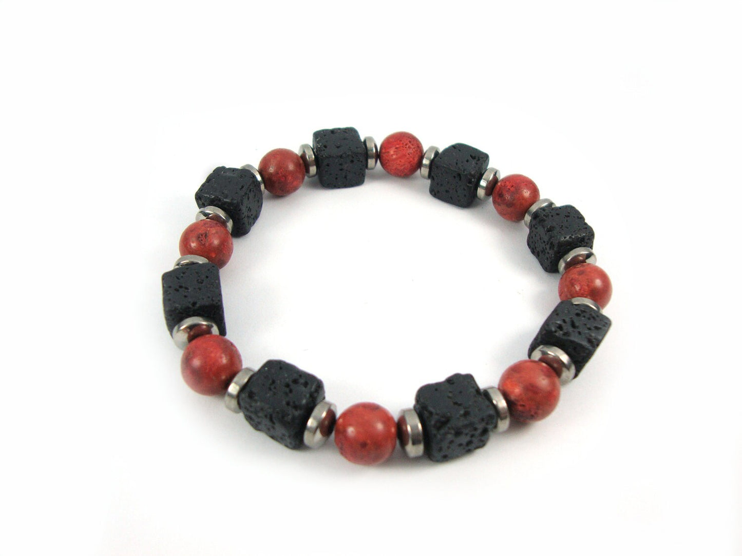 Santorini Natural Black Volcanic Cube Lava & Coral 8x8mm Handmade Men Women Unisex Bracelet