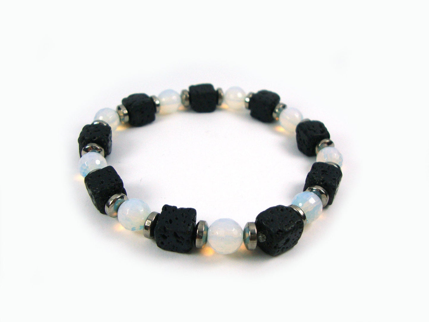 Santorini Natural Black Volcanic Cube Lava & Moonstone 8x8mm Handmade Men Women Unisex Bracelet