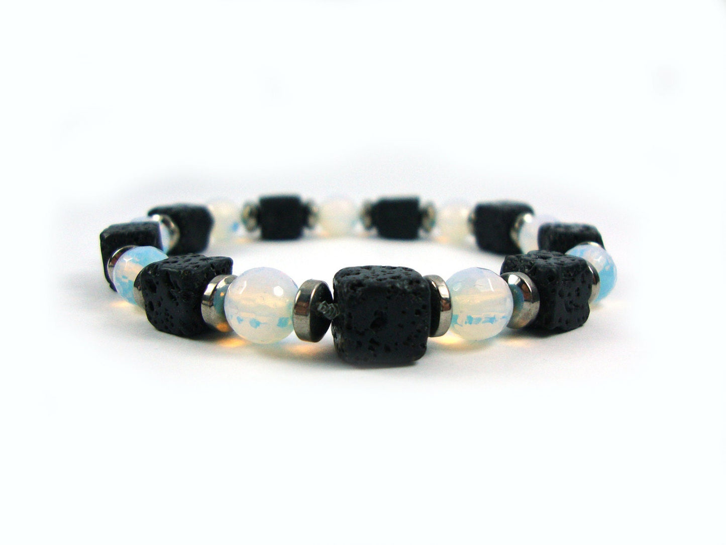 Santorini Natural Black Volcanic Cube Lava & Moonstone 8x8mm Handmade Men Women Unisex Bracelet