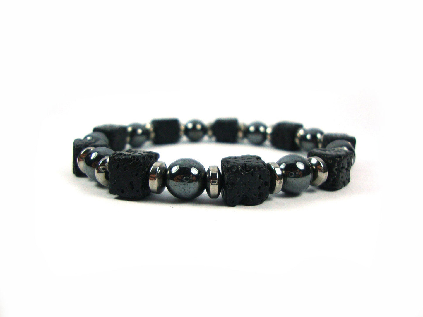 Lava Bracelet, Pulsera de Lava, Santorini Natural Black Volcanic Cube Lava & Hematite 8x8mm  Handmade Men Women Unisex Bracelet