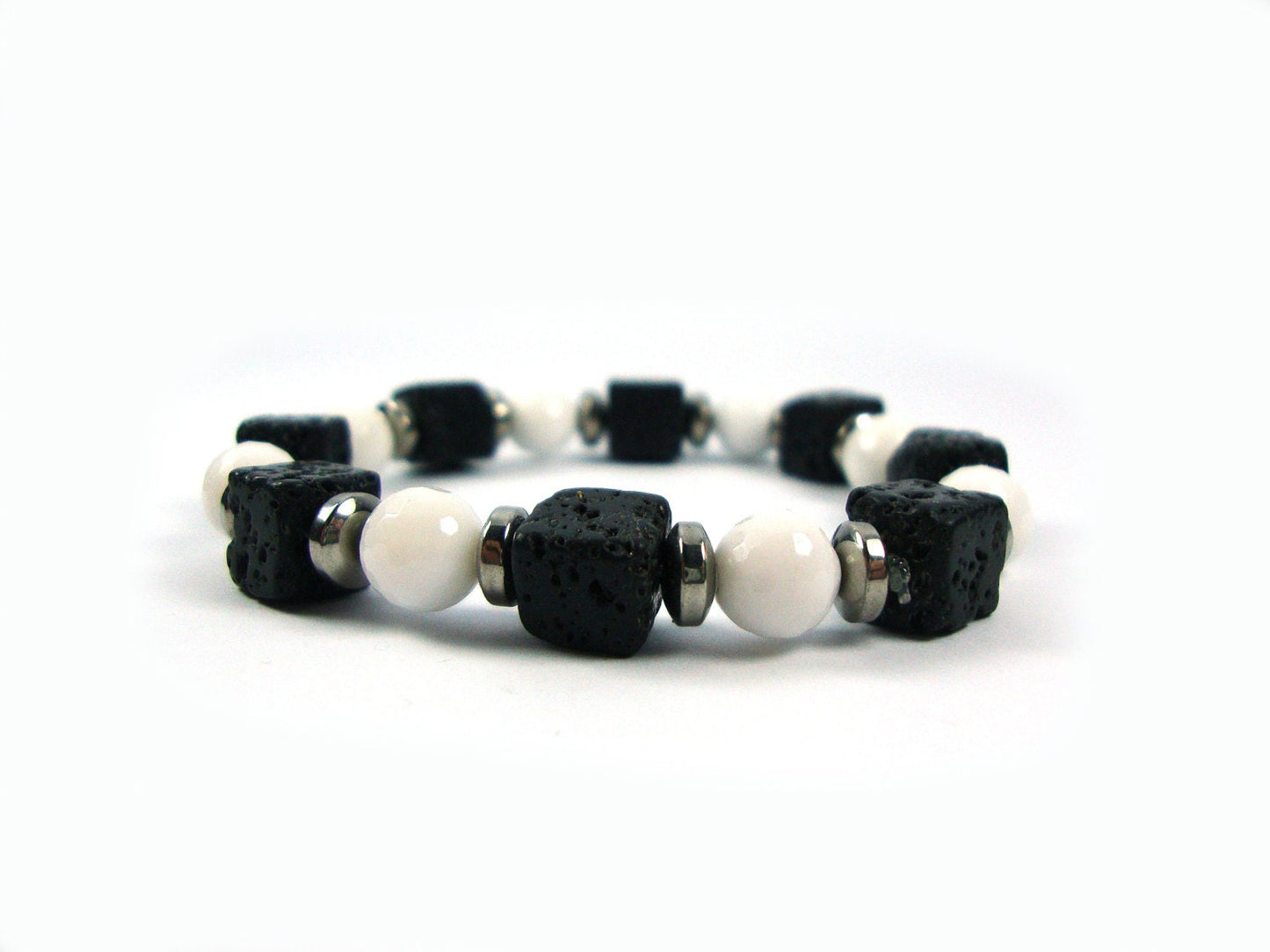 Santorini Natural Black Volcanic Cube Lava & White Onyx 8x8mm Handmade Men Women Unisex Bracelet