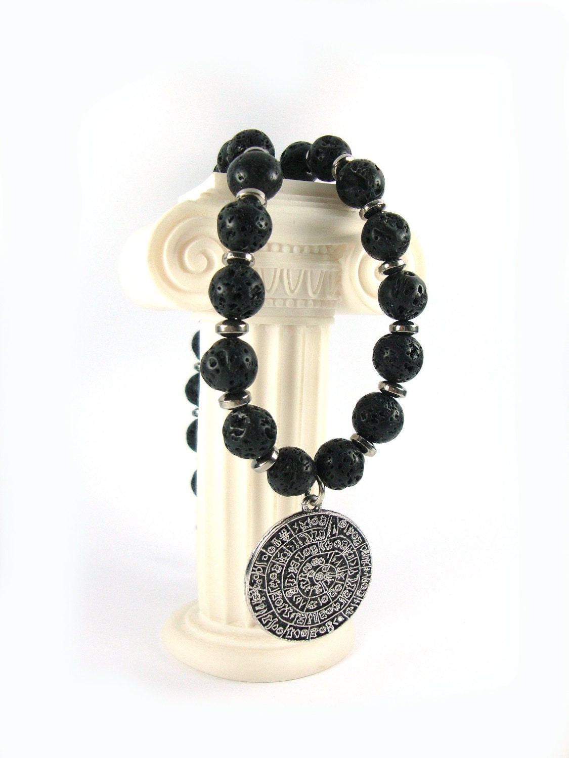 Santorini Greek Natural Black Volcanic Lava 10mm - Hematite - Sterling Silver 925 Phaistos Disc 30 mm Greek Lava Necklace, Greek Lava