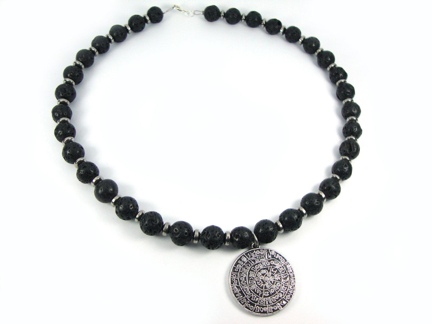Santorini Greek Natural Black Volcanic Lava 10mm - Hematite - Sterling Silver 925 Phaistos Disc 30 mm Greek Lava Necklace, Greek Lava