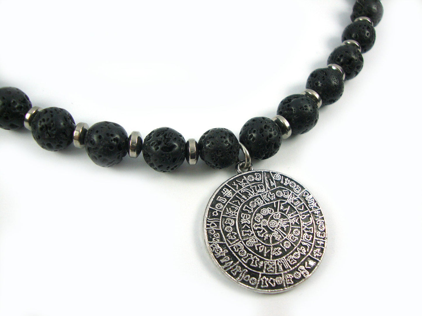 Santorini Greek Natural Black Volcanic Lava 10mm - Hematite - Sterling Silver 925 Phaistos Disc 30 mm Greek Lava Necklace, Greek Lava