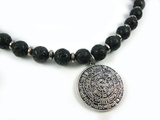 Santorini Greek Natural Black Volcanic Lava 10mm - Hematite - Sterling Silver 925 Phaistos Disc 30 mm Greek Lava Necklace, Greek Lava