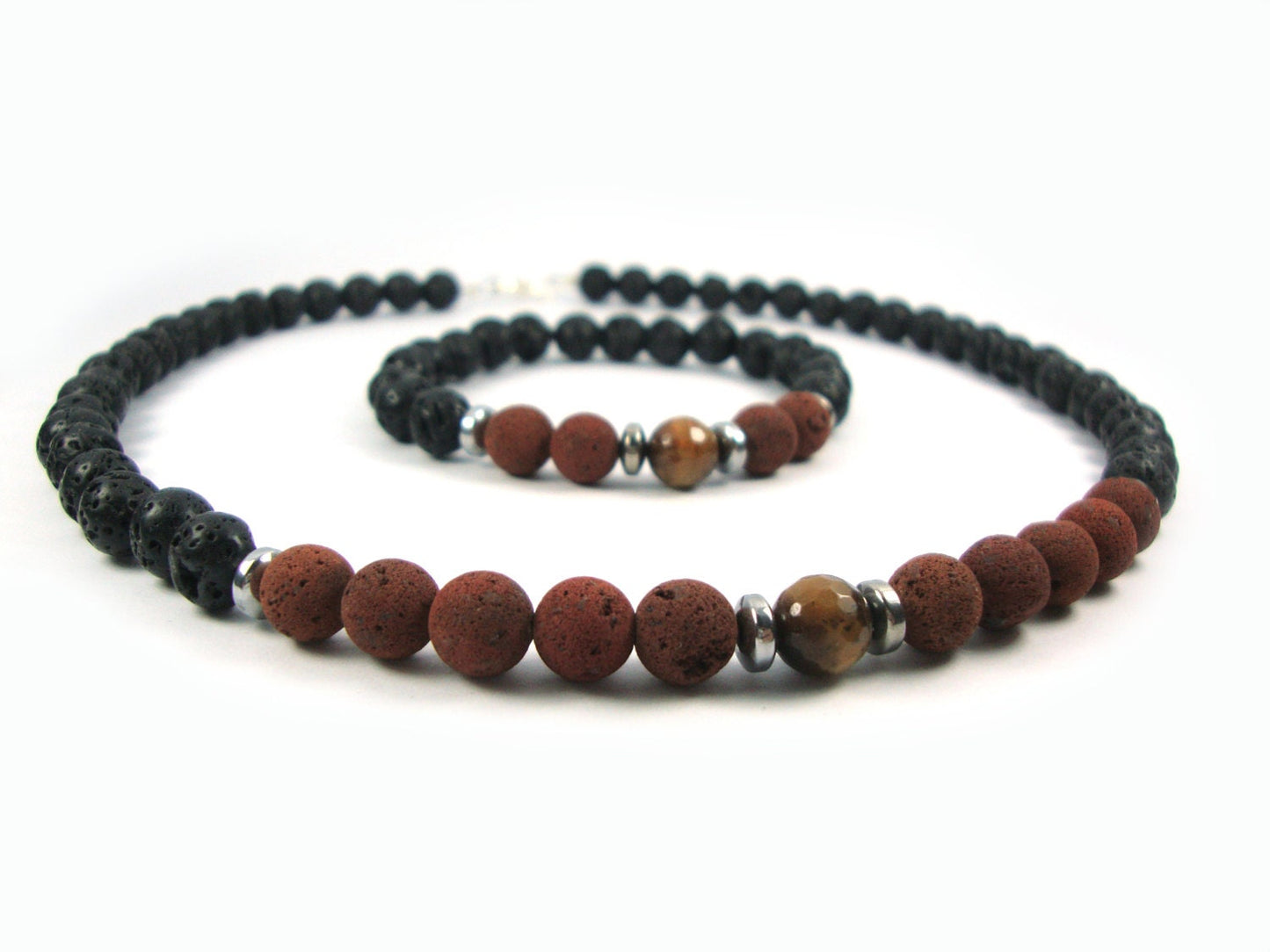 Santorini Jewelry Set Natural Black Volcanic Black & Brown Lava 8mm - Natural Tiger Eye 8mm, Lava Bracelet, Lava Necklace