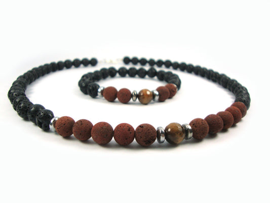 Santorini Jewelry Set Natural Black Volcanic Black & Brown Lava 8mm - Natural Tiger Eye 8mm, Lava Bracelet, Lava Necklace