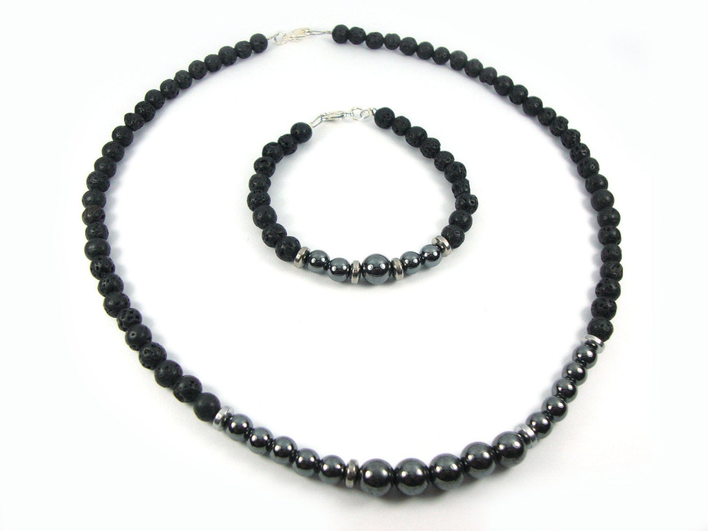 Santorini Jewelry Set Natural Black Volcanic Black Lava 6mm - Natural Hematite 6&8mm Handmade Greek Bracelet Necklace