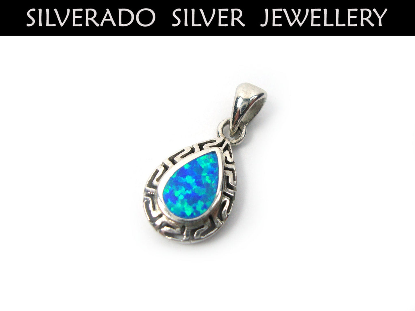 Sterling Silver 925 Greek Pendant , Eternity Key Design Drop Shape , Fire Rainbow Blue Opal 11x15mm , Griechische Silber Anhanger , Grec