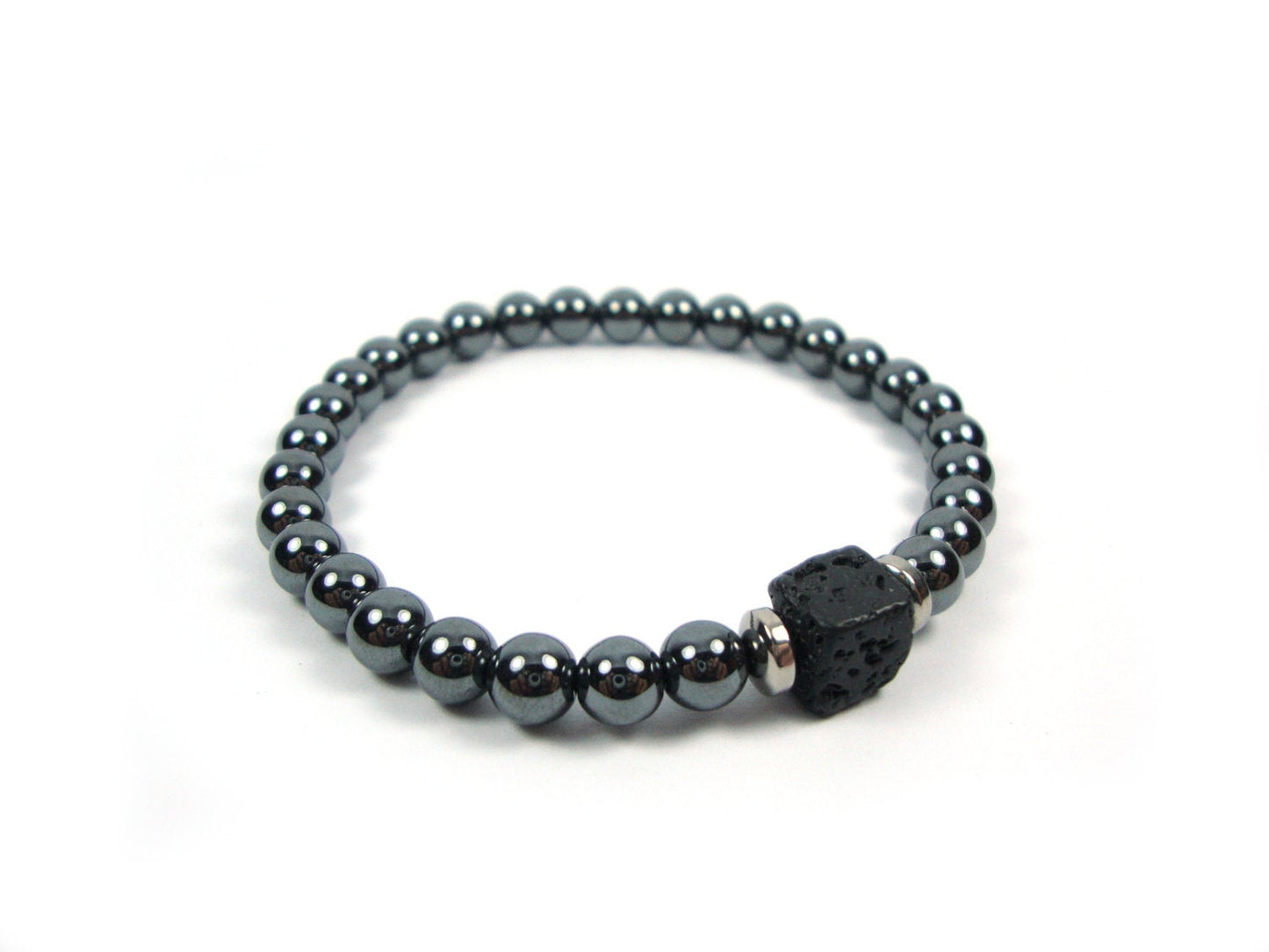 Santorini Greek Natural Volcanic Cubic Lava & Hematite 6 mm Men Women Unisex Bracelet