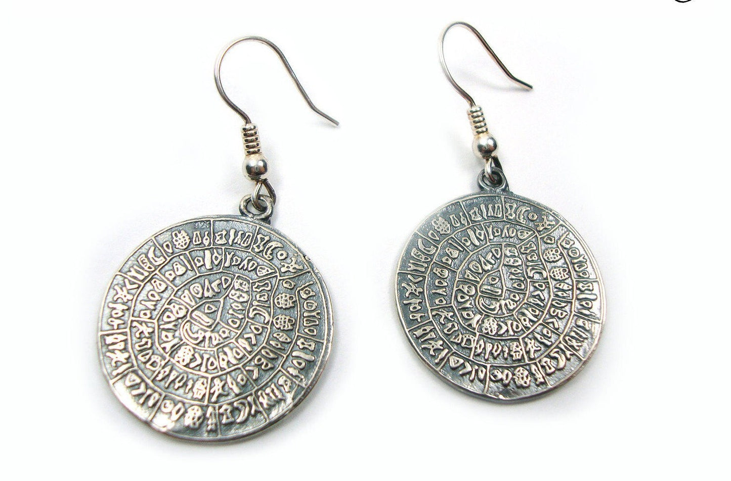 Greek Earrings, Sterling Silver 925 Minoan Phaistos Disc Earrings 24mm, Greek Jewelry, Griechisches Ohrringe Schmuck, Bijoux Grec Argent