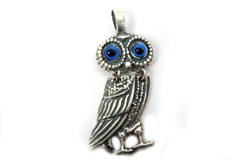 Sterling Silver 925 Ancient Greek Owl Goddess Athena's Symbol Pendant 40 mm, Greek Pendant , Greek Jewelry , Greek Owl , Anient Greek