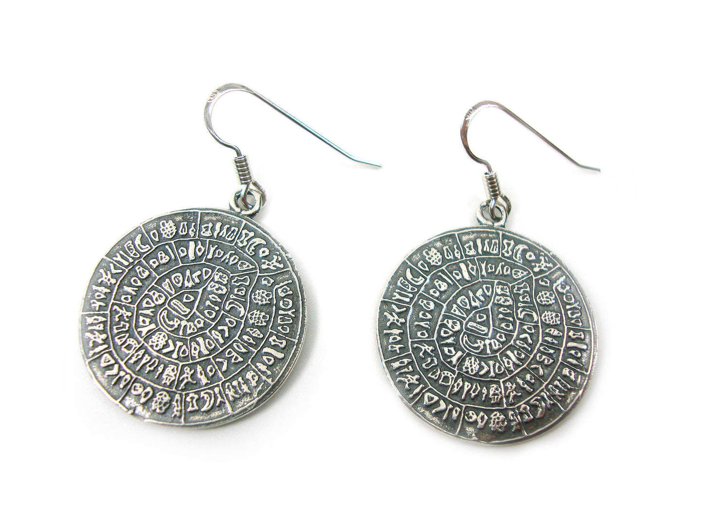 Sterling Silver 925 Ancient Greek Minoan Phaistos Disc Earrings 24 mm, Griechische Silber Ohringe, Greek Earrings, Greek Jewelry, Minoan