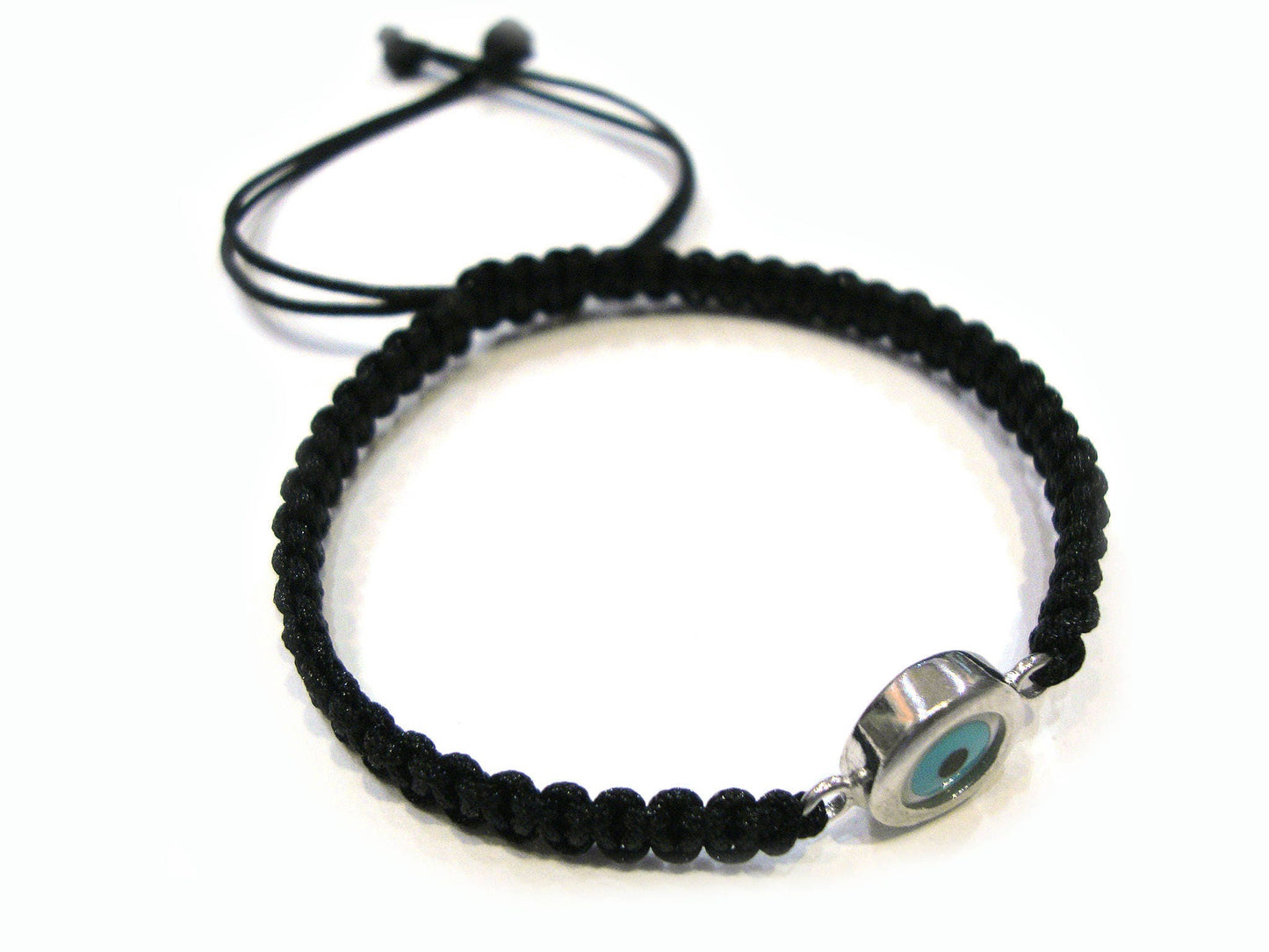 Sterling Silver 925 Greek Evil Eye Mati Good Luck 10mm Handmade Adjustable Macrame Bracelet , Griechische Silber Armband, Bijoux Grecque
