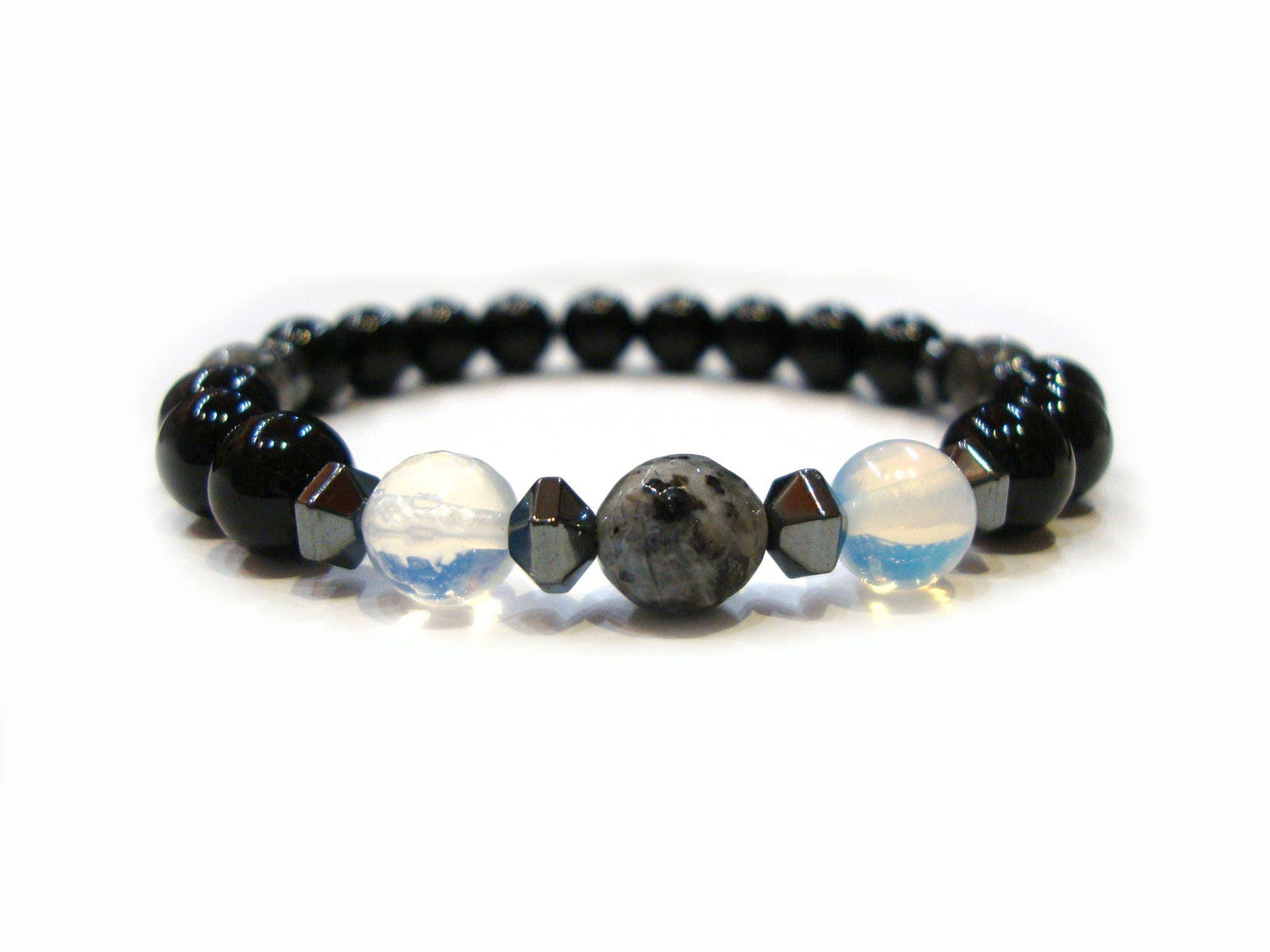 FREE SHIPPING Black Onyx, Moonstone, Larvikite, Hematite, Men Women Unisex Stone Bracelet, Echte Steine Armband, Pierre Naturelle Bracelet