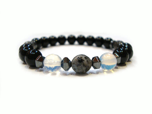 FREE SHIPPING Black Onyx, Moonstone, Larvikite, Hematite, Men Women Unisex Stone Bracelet, Echte Steine Armband, Pierre Naturelle Bracelet