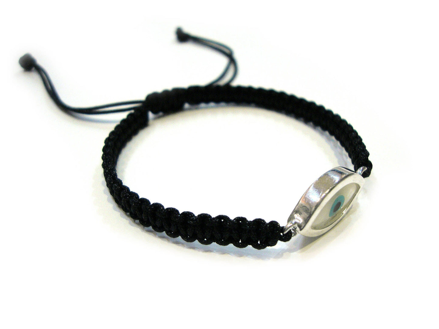 Sterling Silver 925 Greek Evil Eye Shape Good Luck 10mm Handmade Adjustable Macrame Bracelet , Griechische Silber Armband, Bijoux Grecque