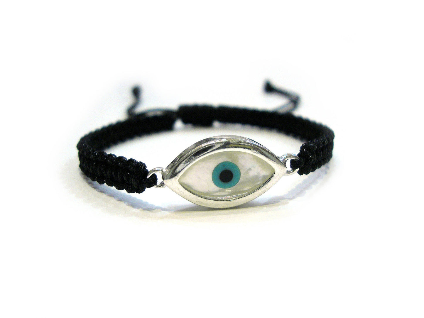Sterling Silver 925 Greek Evil Eye Shape Good Luck 10mm Handmade Adjustable Macrame Bracelet , Griechische Silber Armband, Bijoux Grecque