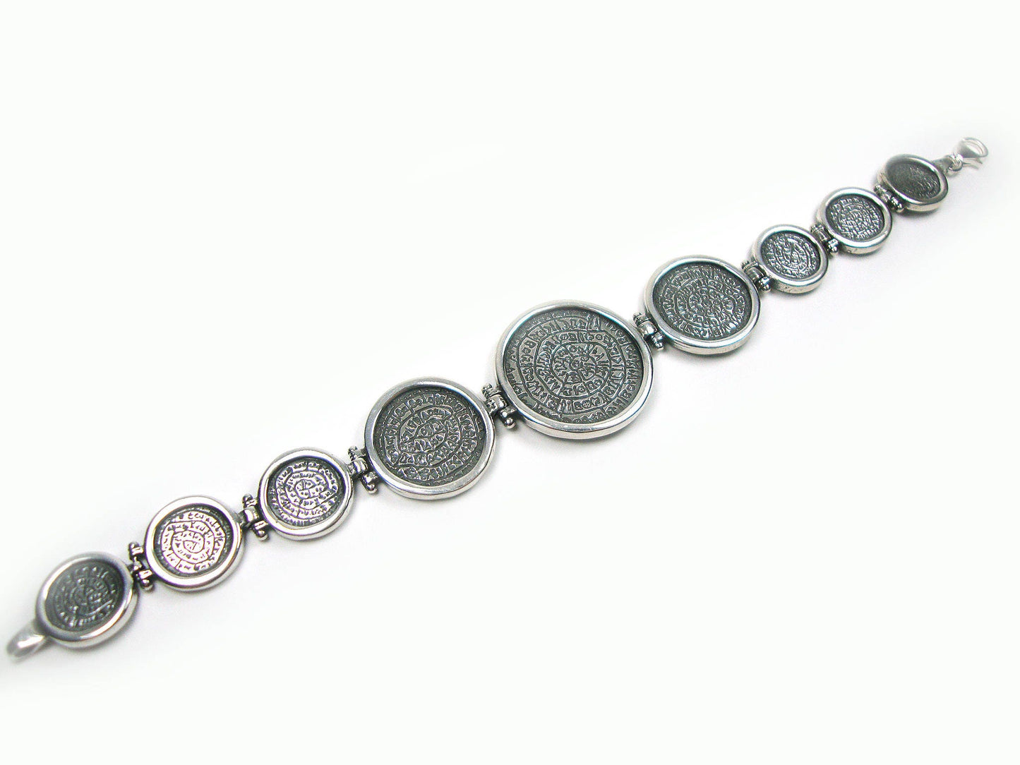 Sterling Silver 925 Ancient Greek Minoan Framed Phaistos Disc Gradual Bracelet 19 cm - 7.41 inches, Phaistos Disc Armband, Bijoux Grecque