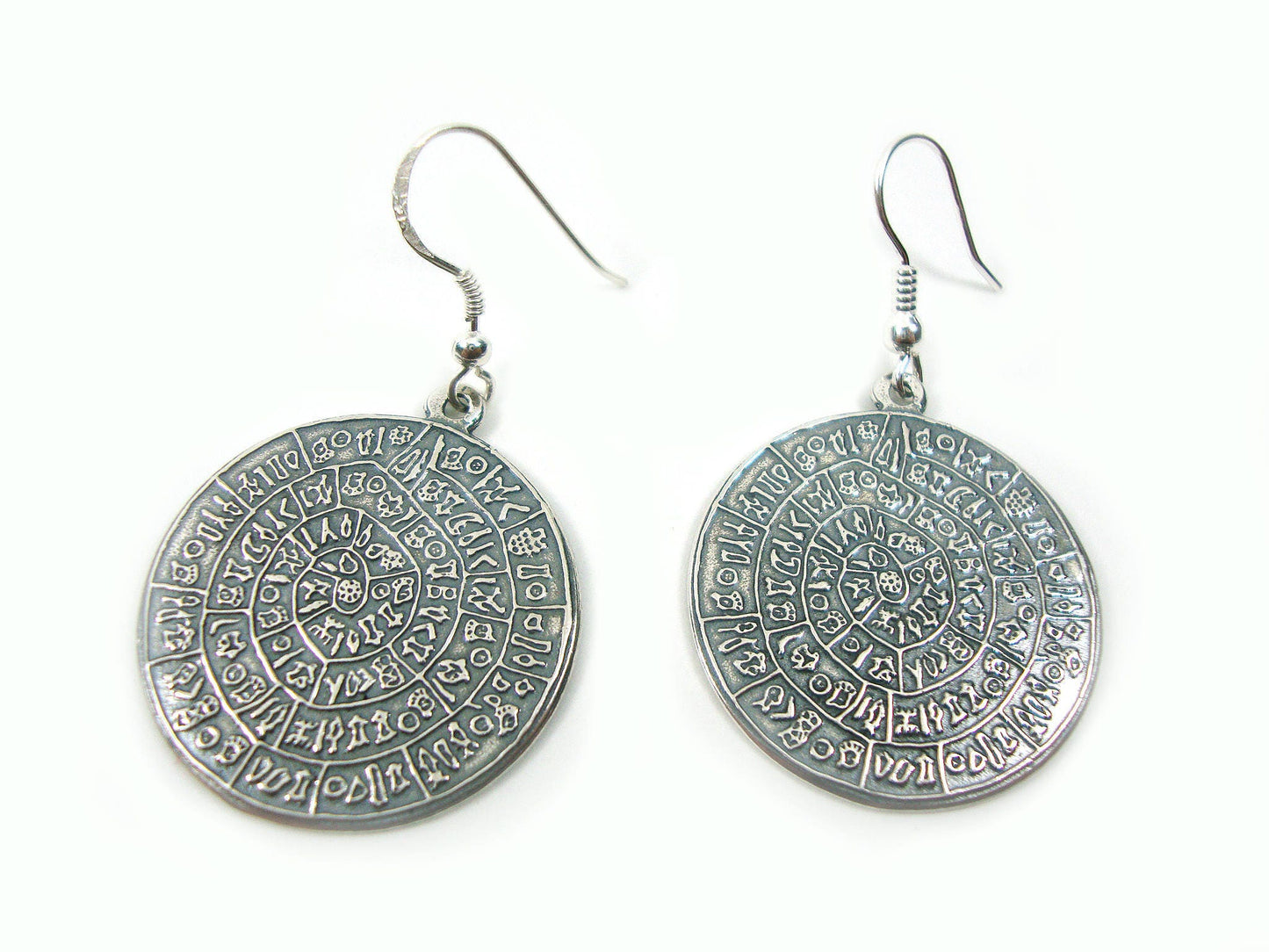 Sterling Silver 925 Ancient Greek Minoan Phaistos Disc Earrings 29 mm, Griechische Silber Ohringe, Greek Earrings, Greek Jewelry, Minoan