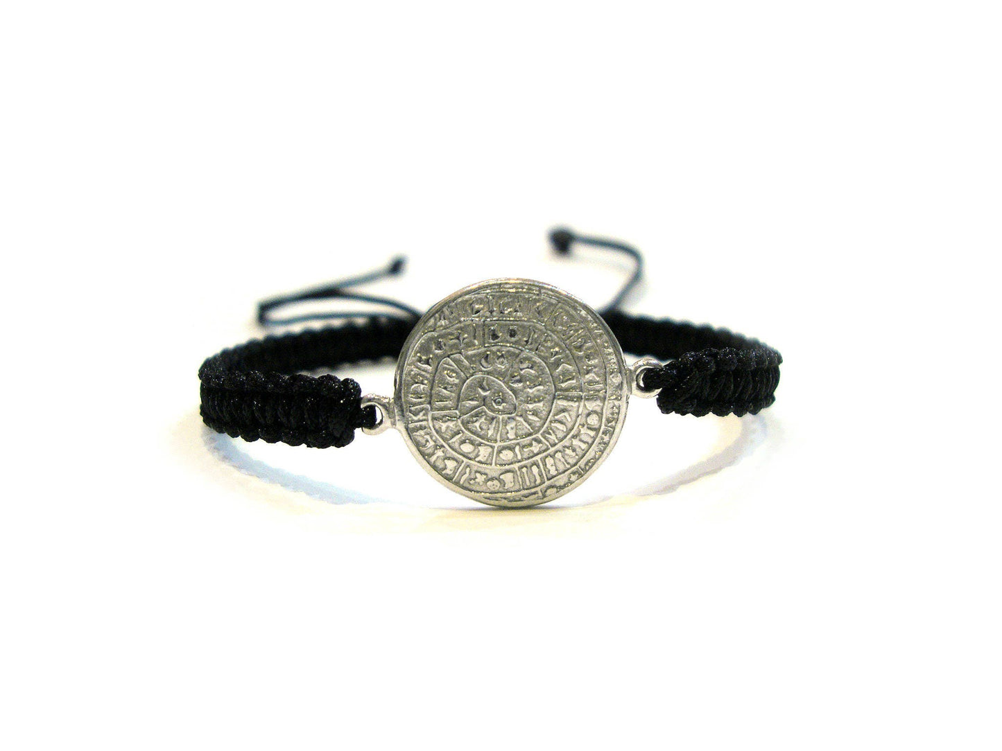 Sterling Silver 925 Ancient Greek Minoan Phaistos Disc 17mm Macrame Adjustable Bracelet , Phaistos Disc Armband, Bijoux Grecque