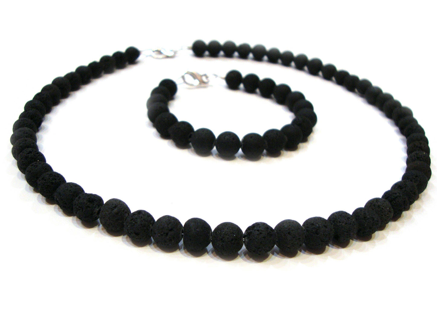 Jewelry Set - Santorini Natural Volcanic Lava Stones 8mm - Necklace 45 cm & Bracelet 18cm With Silver Clasp