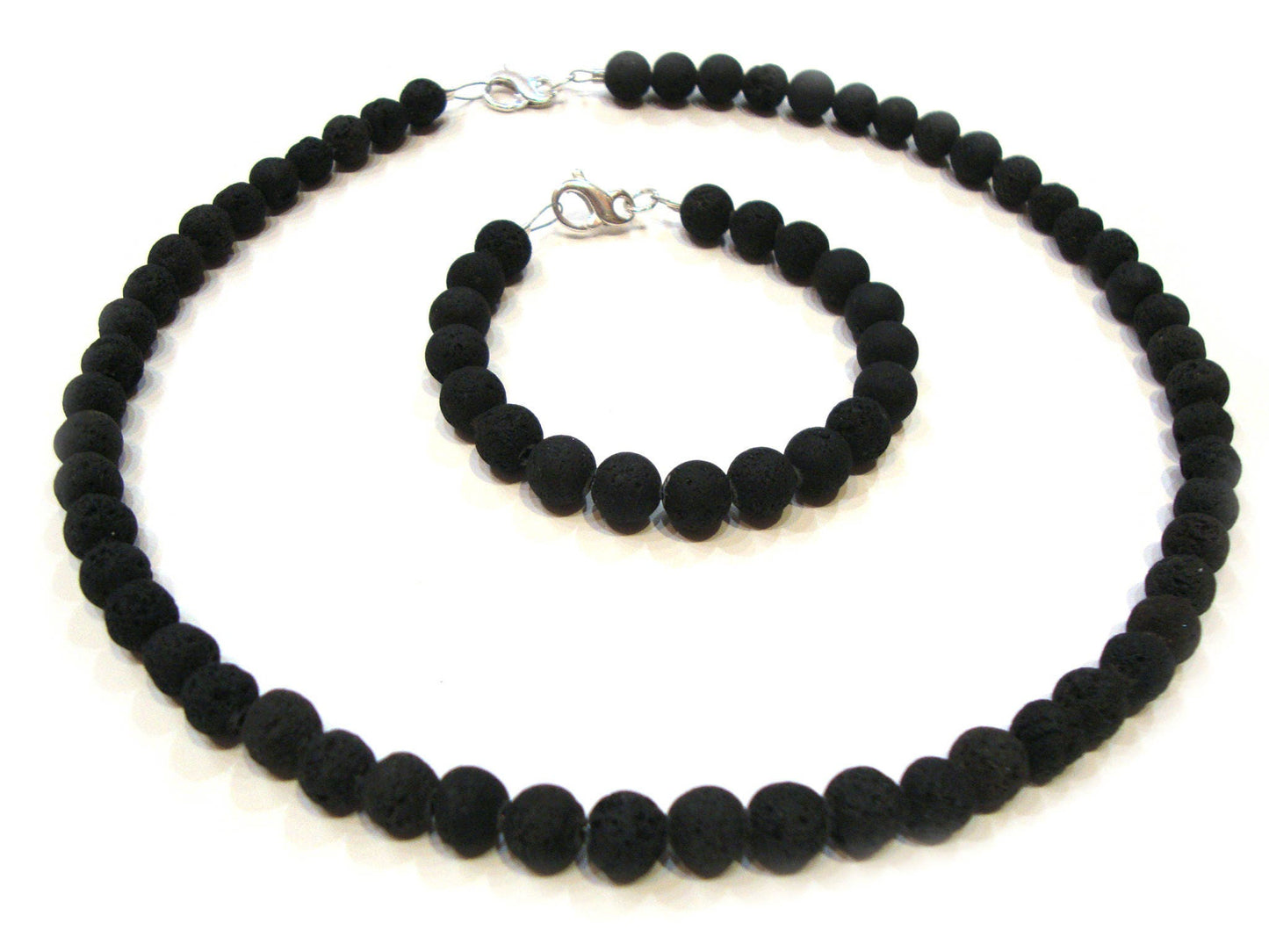 Jewelry Set - Santorini Natural Volcanic Lava Stones 8mm - Necklace 45 cm & Bracelet 18cm With Silver Clasp