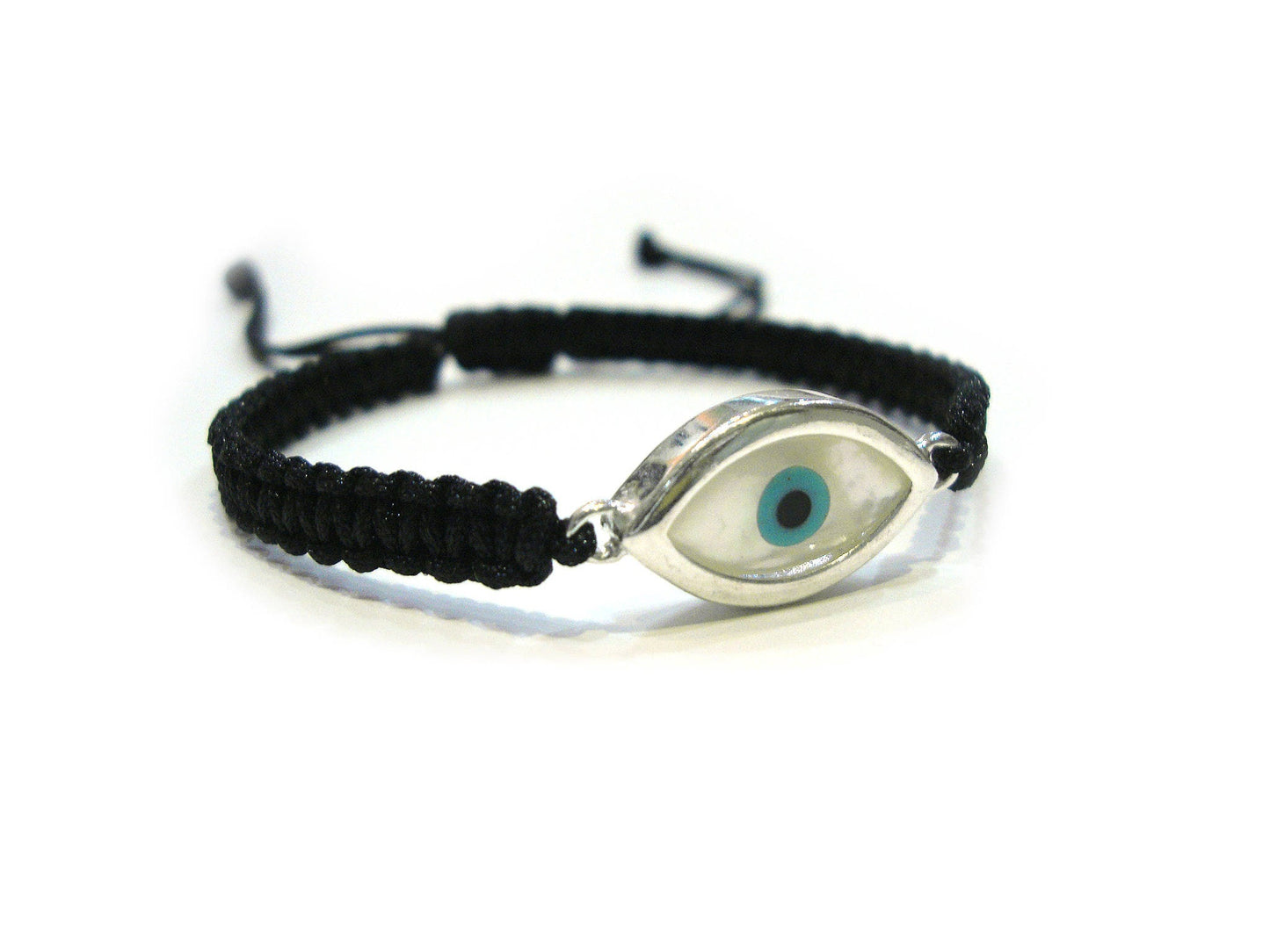 Sterling Silver 925 Greek Evil Eye Shape Good Luck 10mm Handmade Adjustable Macrame Bracelet , Griechische Silber Armband, Bijoux Grecque