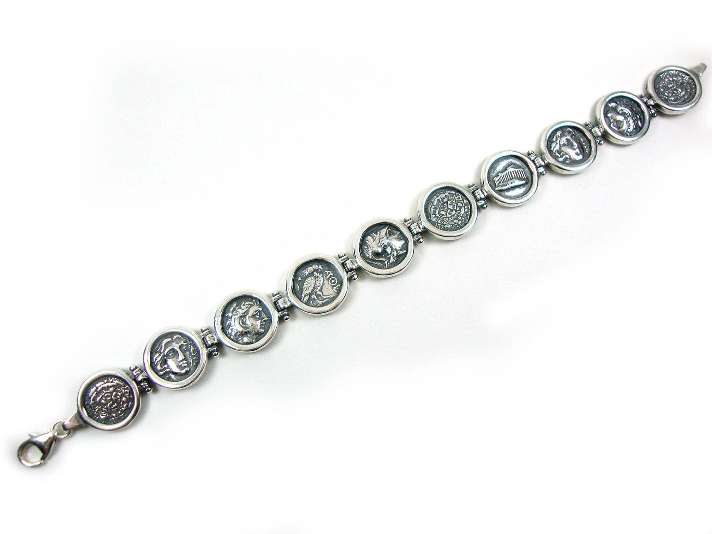 Sterling Silver 925 Greek Bracelet Coins Symbols Phaistos Disc, Athena, Alexander, Owl, Acropolis, Apollo Griechische Armband, Jewelry