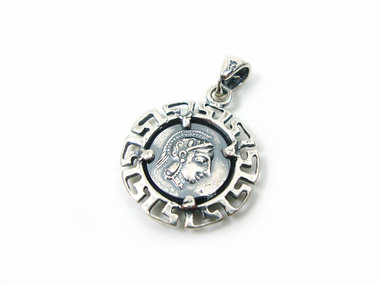 Sterling Silver 925 Ancient Greek Goddess Athena's Owl Coin 2-Sides Pendant, Griechische Silber Munze Anhanger, Pendetif Grecque Argent