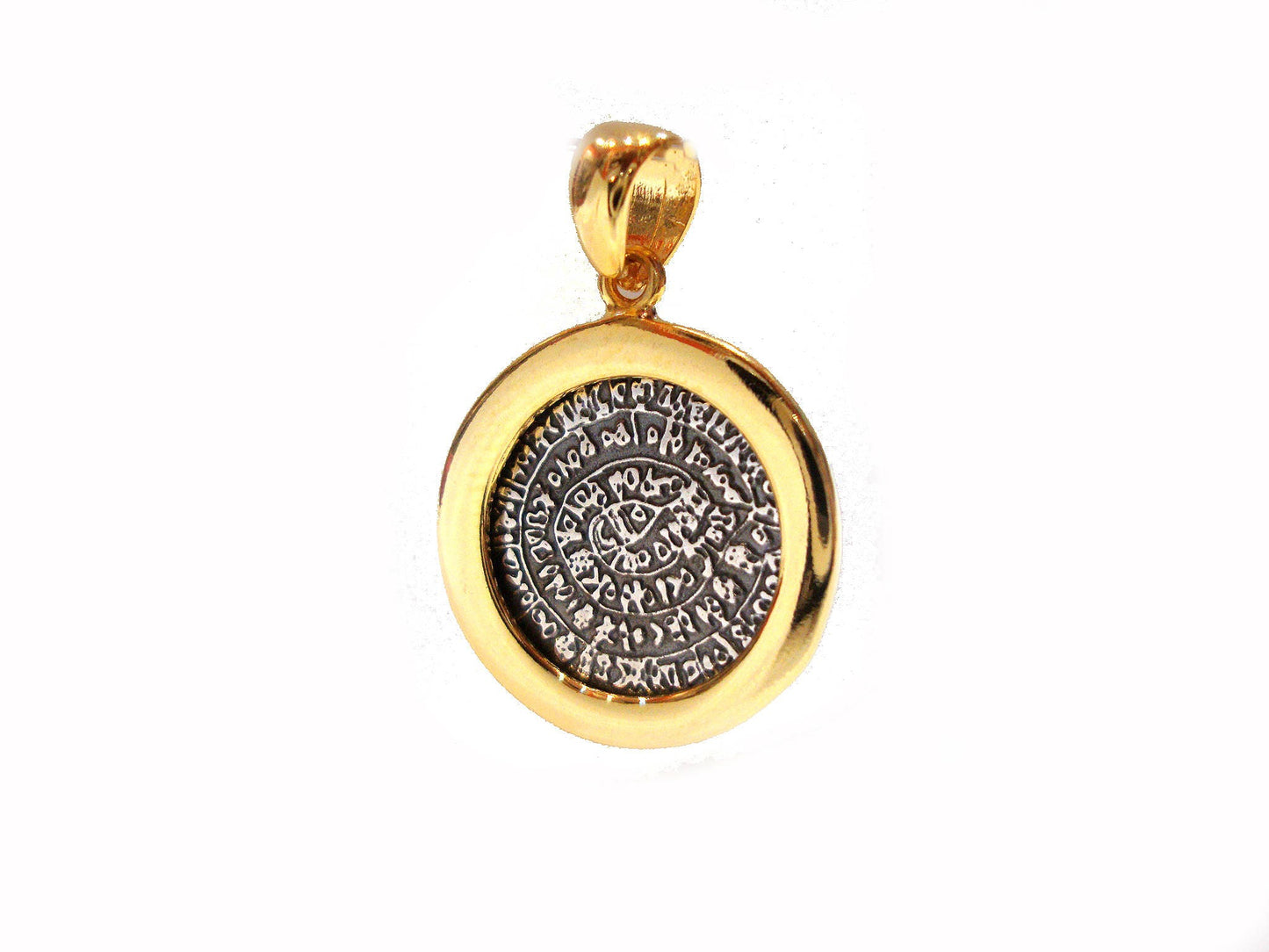 Sterling Silver 925 Ancient Greek Minoan Bitone Gold Plated 22K Phaistos Disc Pendant 19mm, Phaistos Disc Anhanger, Bijoux Grecque Pendetif