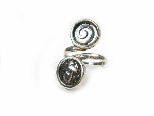 Sterling Silver 925 Ancient Greek Circle Of Life & Greek God Of Sun Helios , Adjustable Ring 6.5-8.5 US, Griechische Silber Ring, Bague Grec