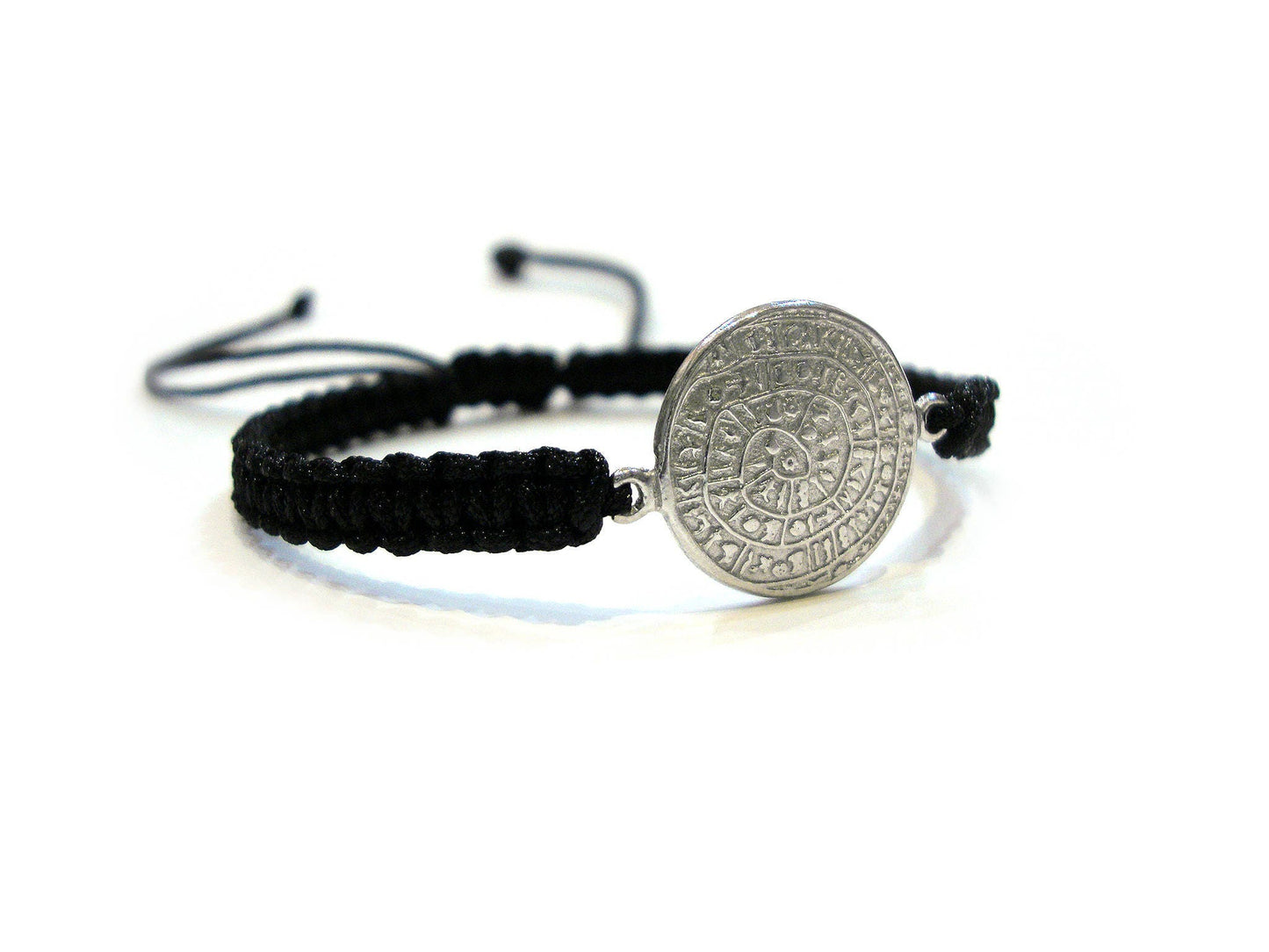 Sterling Silver 925 Ancient Greek Minoan Phaistos Disc 17mm Macrame Adjustable Bracelet , Phaistos Disc Armband, Bijoux Grecque