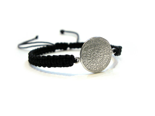 Sterling Silver 925 Ancient Greek Minoan Phaistos Disc 17mm Macrame Adjustable Bracelet , Phaistos Disc Armband, Bijoux Grecque