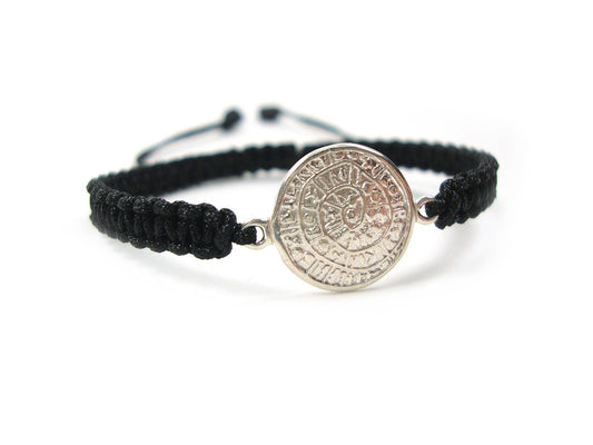 Sterling Silver 925 Ancient Greek Minoan Phaistos Disc 14 mm Macrame Adjustable Bracelet , Phaistos Disc Armband, Bijoux Grecque