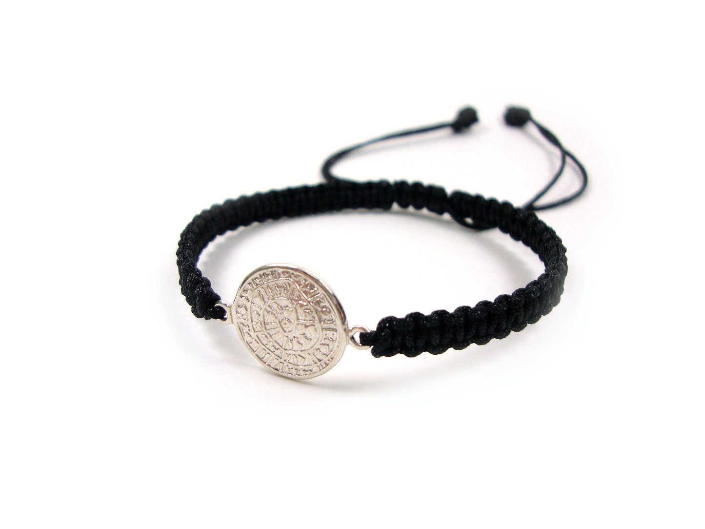 Sterling Silver 925 Ancient Greek Minoan Phaistos Disc 14 mm Macrame Adjustable Bracelet , Phaistos Disc Armband, Bijoux Grecque