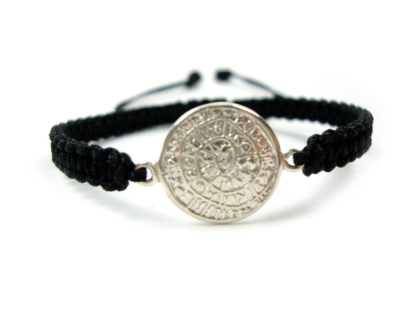 Sterling Silver 925 Ancient Greek Minoan Phaistos Disc 14 mm Macrame Adjustable Bracelet , Phaistos Disc Armband, Bijoux Grecque