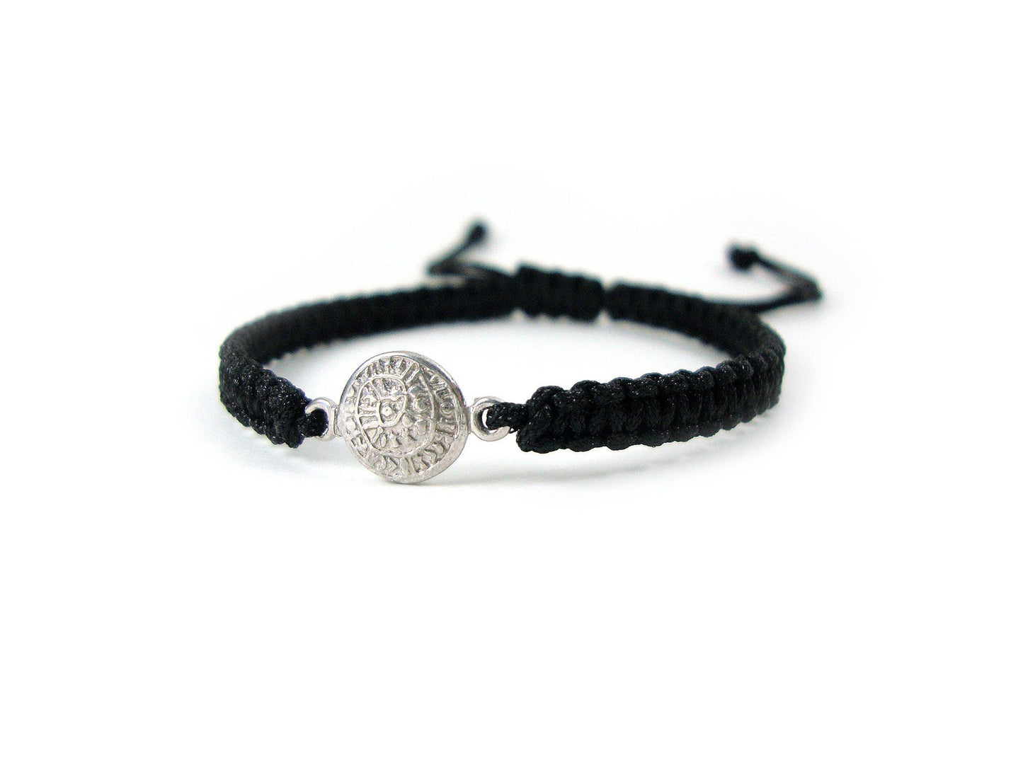 Sterling Silver 925 Ancient Greek Minoan Phaistos Disc 8mm Macrame Adjustable Bracelet , Phaistos Disc Armband, Bijoux Grecque