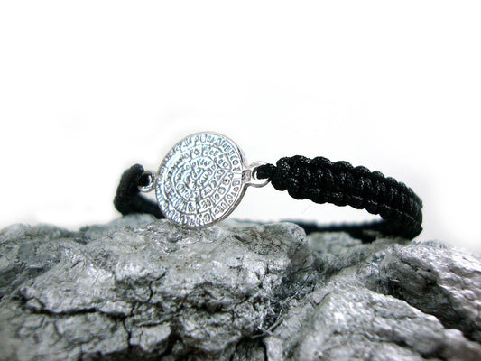Sterling Silver 925 Ancient Greek Minoan Phaistos Disc 12mm Macrame Adjustable Bracelet , Phaistos Disc Armband, Bijoux Grecque Bracelet