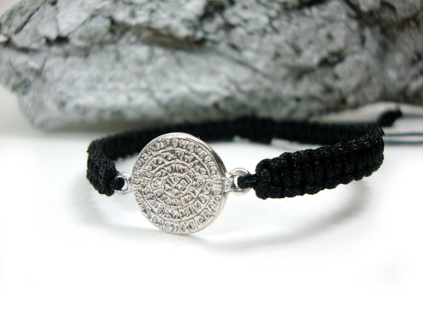 Sterling Silver 925 Ancient Greek Minoan Phaistos Disc 12mm Macrame Adjustable Bracelet , Phaistos Disc Armband, Bijoux Grecque Bracelet