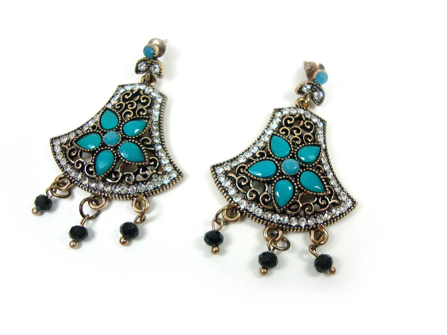 Greek Jewelry, Antique Style Blue-White Crystal Stones Vintage Dangle Earrings, Ethnic Antique Earrings, Byzantine Traditional Jewelry