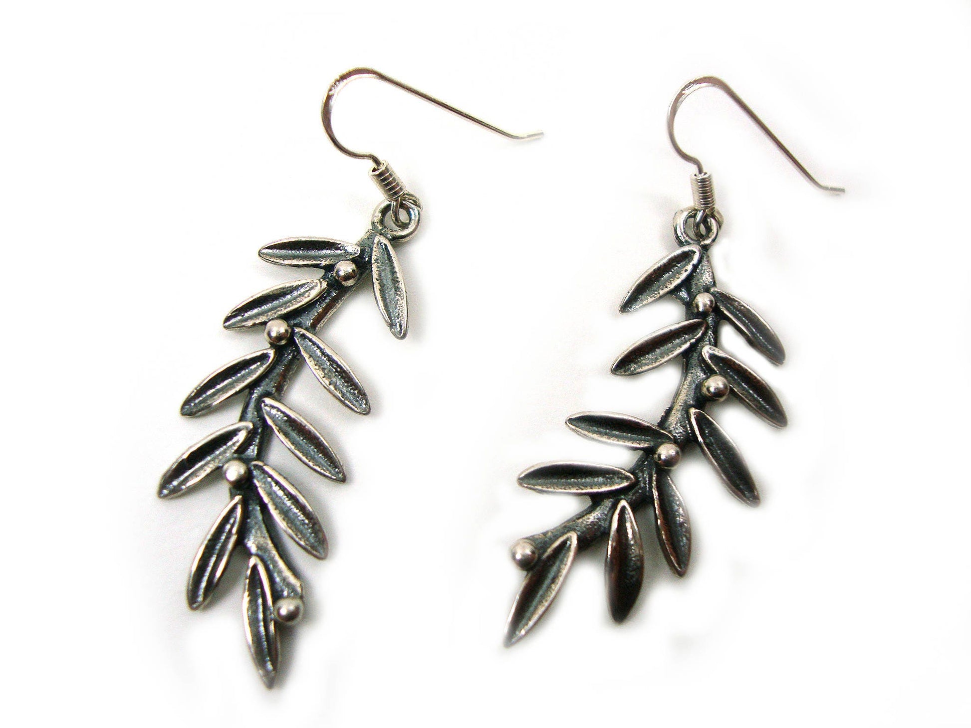 Sterling Silver 925 Ancient Greek Goddess Athena Olive Leaves Handmade Dangle Earrings - timeless and elegant jewelry.