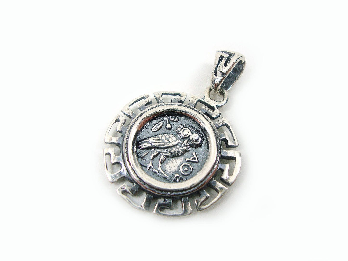 Sterling Silver 925 Ancient Greek Goddess Athena's Owl Coin 2-Sides Pendant, Griechische Silber Munze Anhanger, Pendetif Grecque Argent