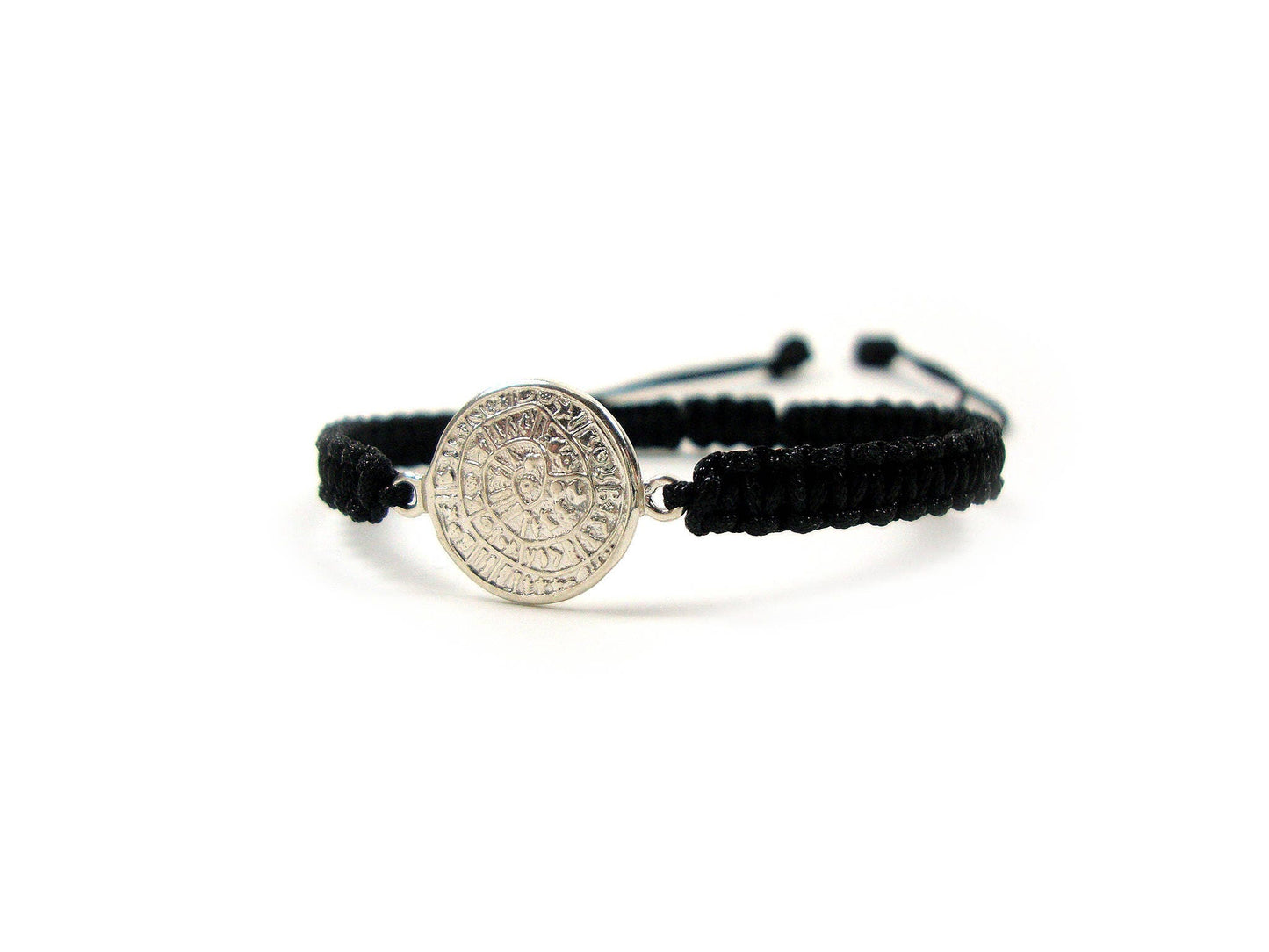 Sterling Silver 925 Ancient Greek Minoan Phaistos Disc 14 mm Macrame Adjustable Bracelet , Phaistos Disc Armband, Bijoux Grecque