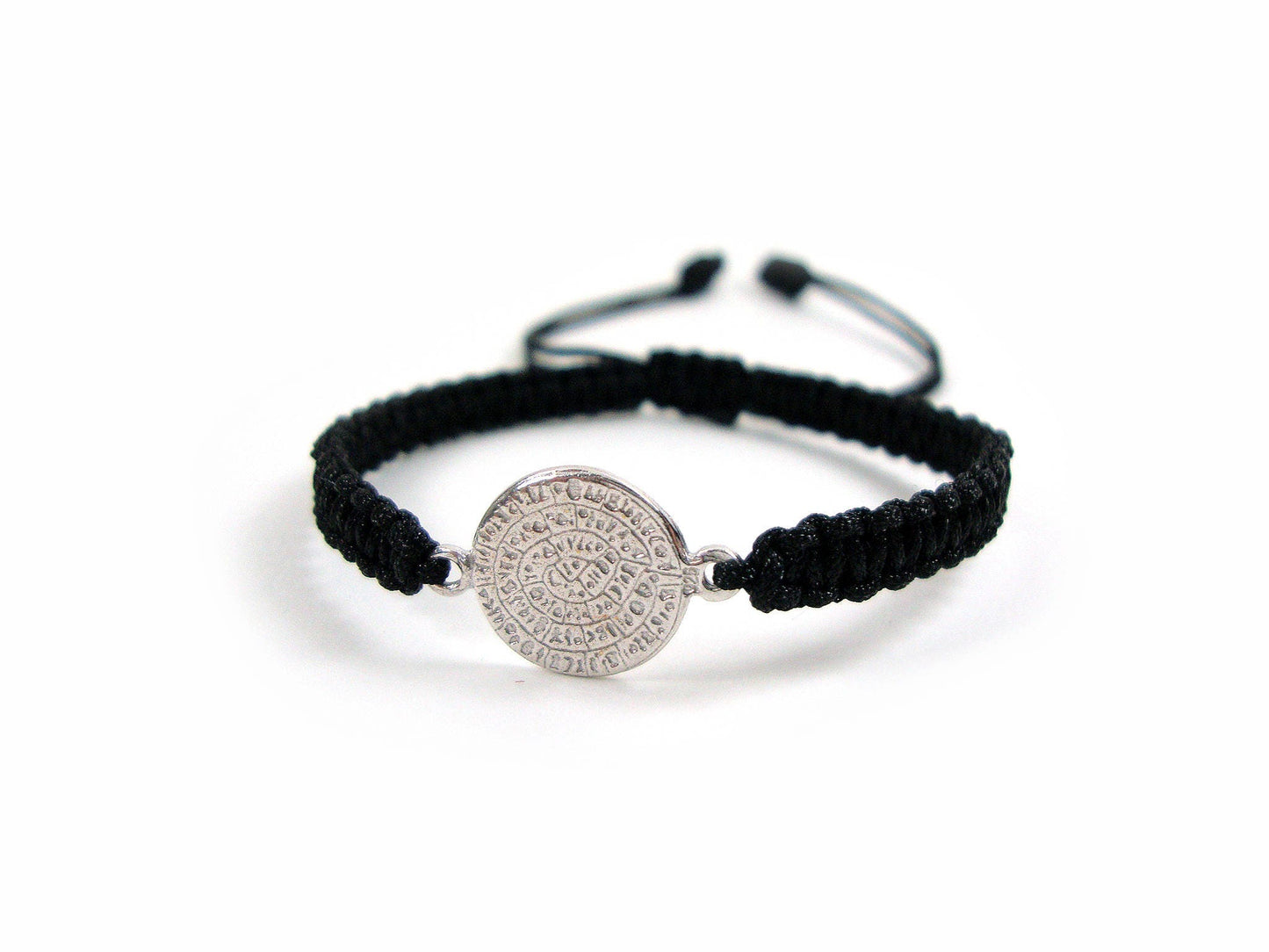 Sterling Silver 925 Ancient Greek Minoan Phaistos Disc 12mm Macrame Adjustable Bracelet , Phaistos Disc Armband, Bijoux Grecque Bracelet