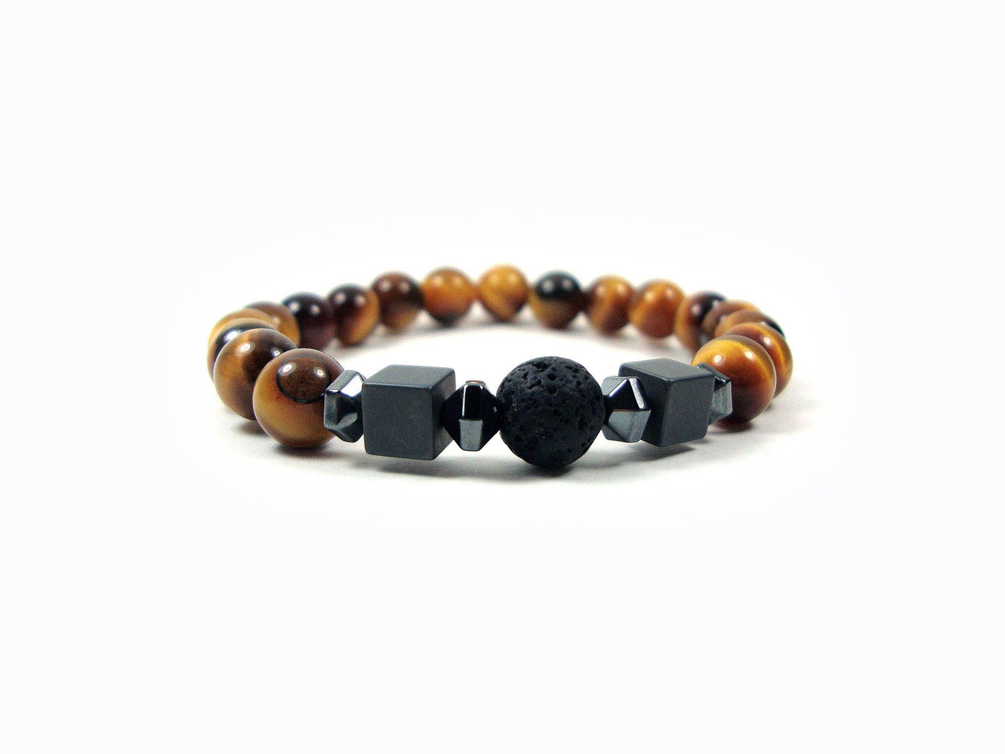 Lava Bracelet ,Santorini Natural Black Volcanic Lava 8mm - Tiger Eye 8mm - Unique Design Handmade Greek Men Women