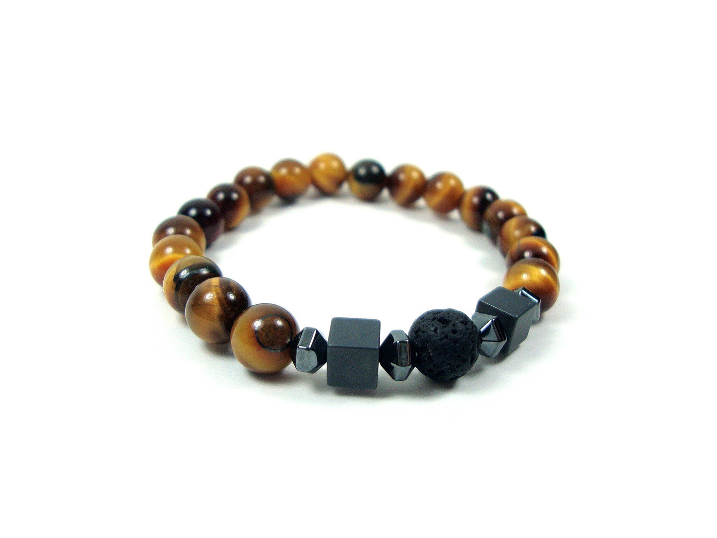 Lava Bracelet ,Santorini Natural Black Volcanic Lava 8mm - Tiger Eye 8mm - Unique Design Handmade Greek Men Women